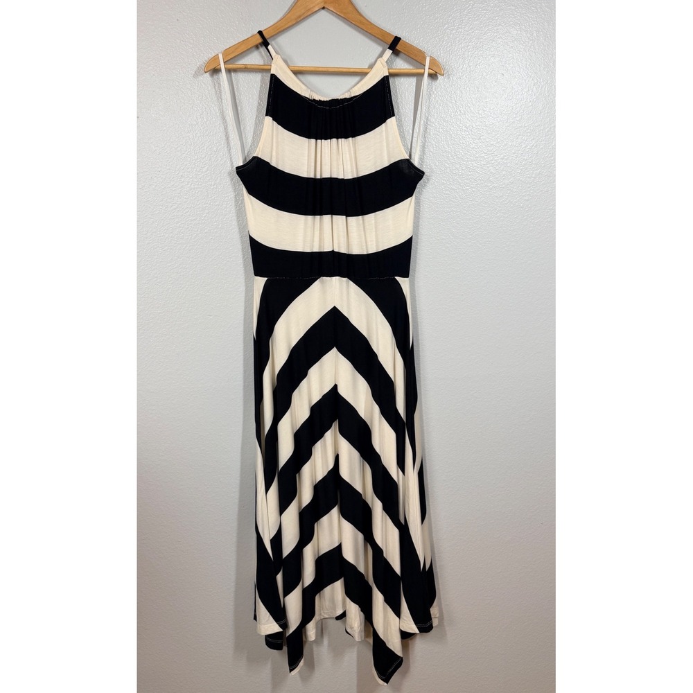 GAP Dress Womens S Black White Striped Sleeveless Midi Handkerchief Hem Halter